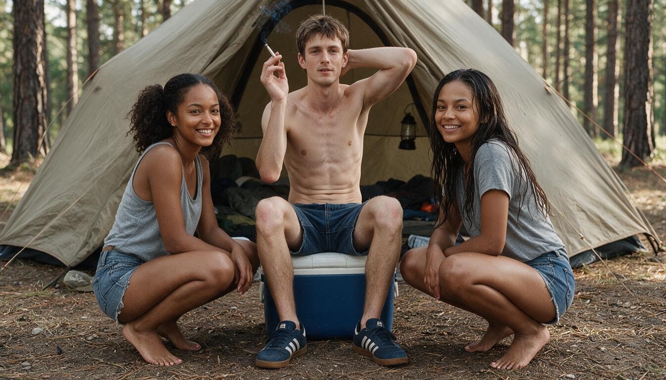 Sitting Comfortably On Camping Cooler With Legs Slightly Apart, Intense Smile Directed At The Viewer, Dark African Skin Porno IA