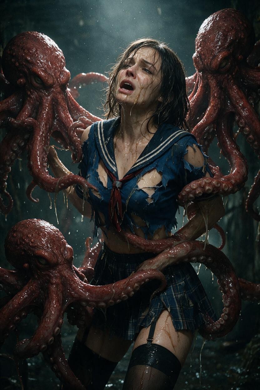 Three Horror Monster, Tentacles, Ripped Clothes AI Porn