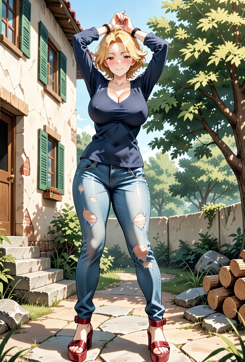 * She Wears Blue Denim Jeans, Cleavage, 18+ AI Porn