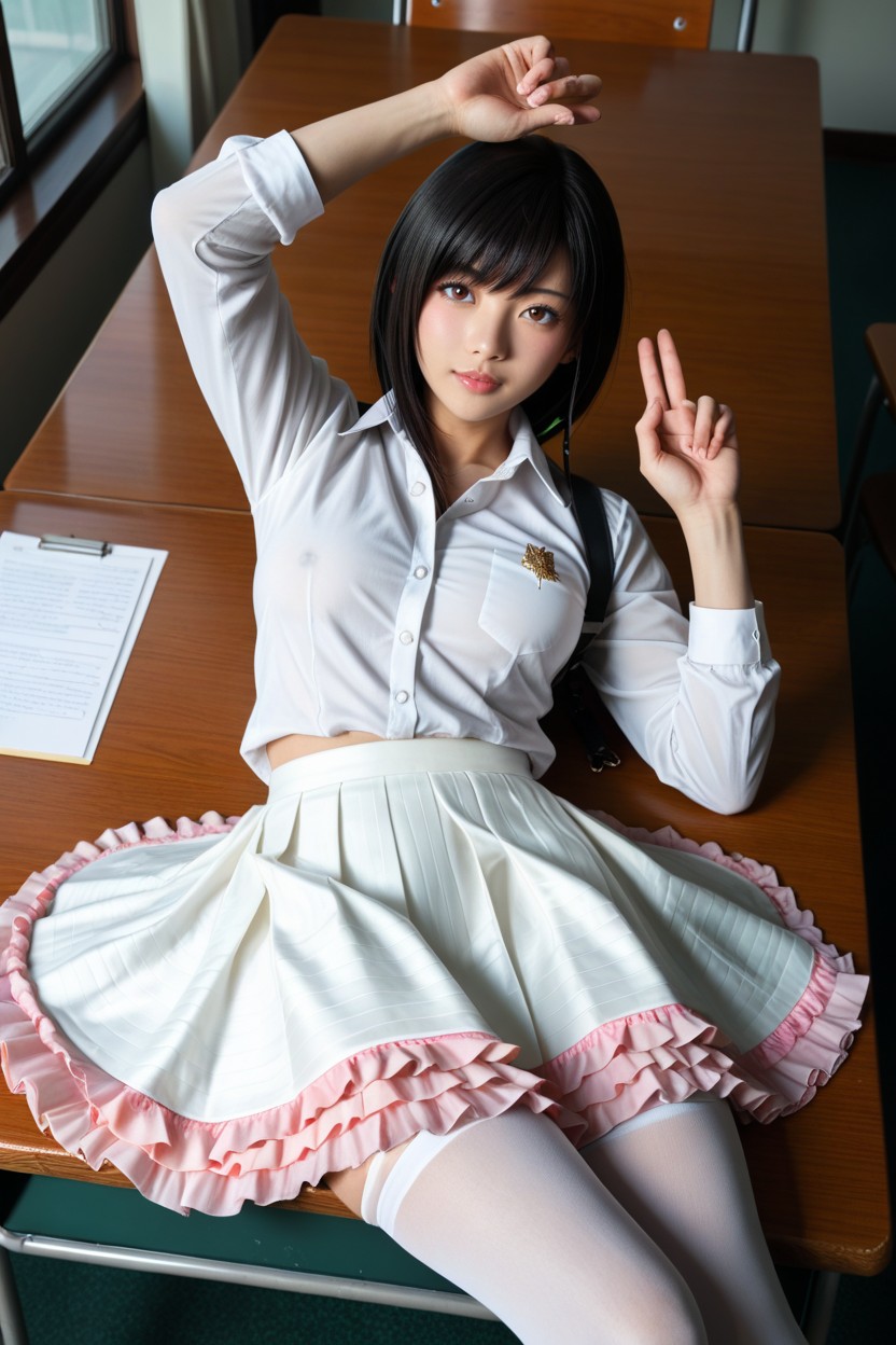 Random Pose Looking At Viewer Desks Around, Big Round Hips, Middle Part AI Porn