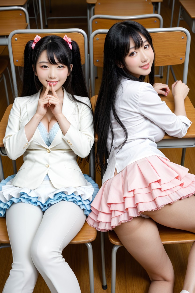 2 People, Pale Porcelain Skin Black Hair, Full Lips Bouncy Breasts Black Hairs AI Porn