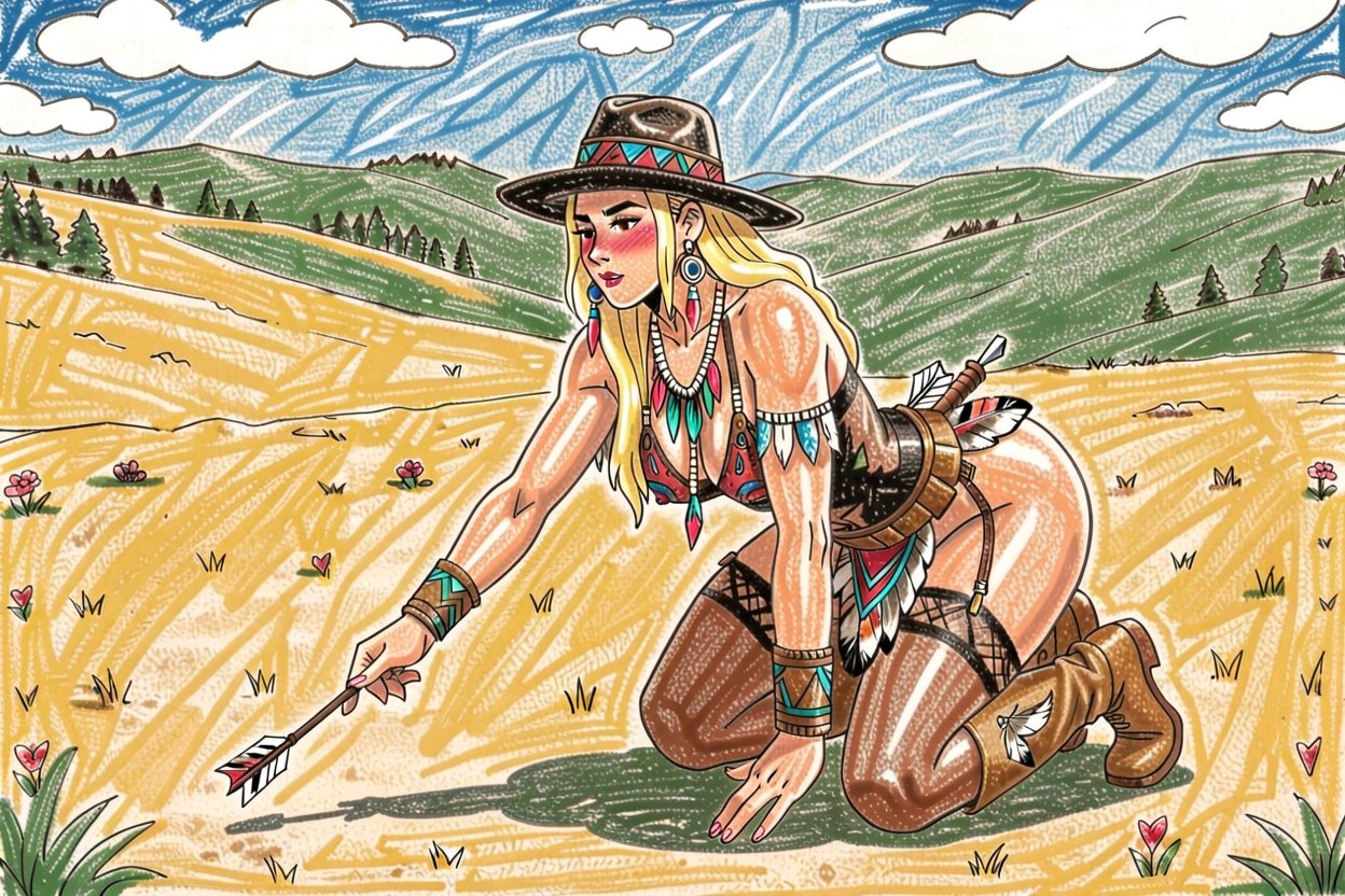 The Native American Woman Points The Bow And Arrow Towards The Ground AI Porn