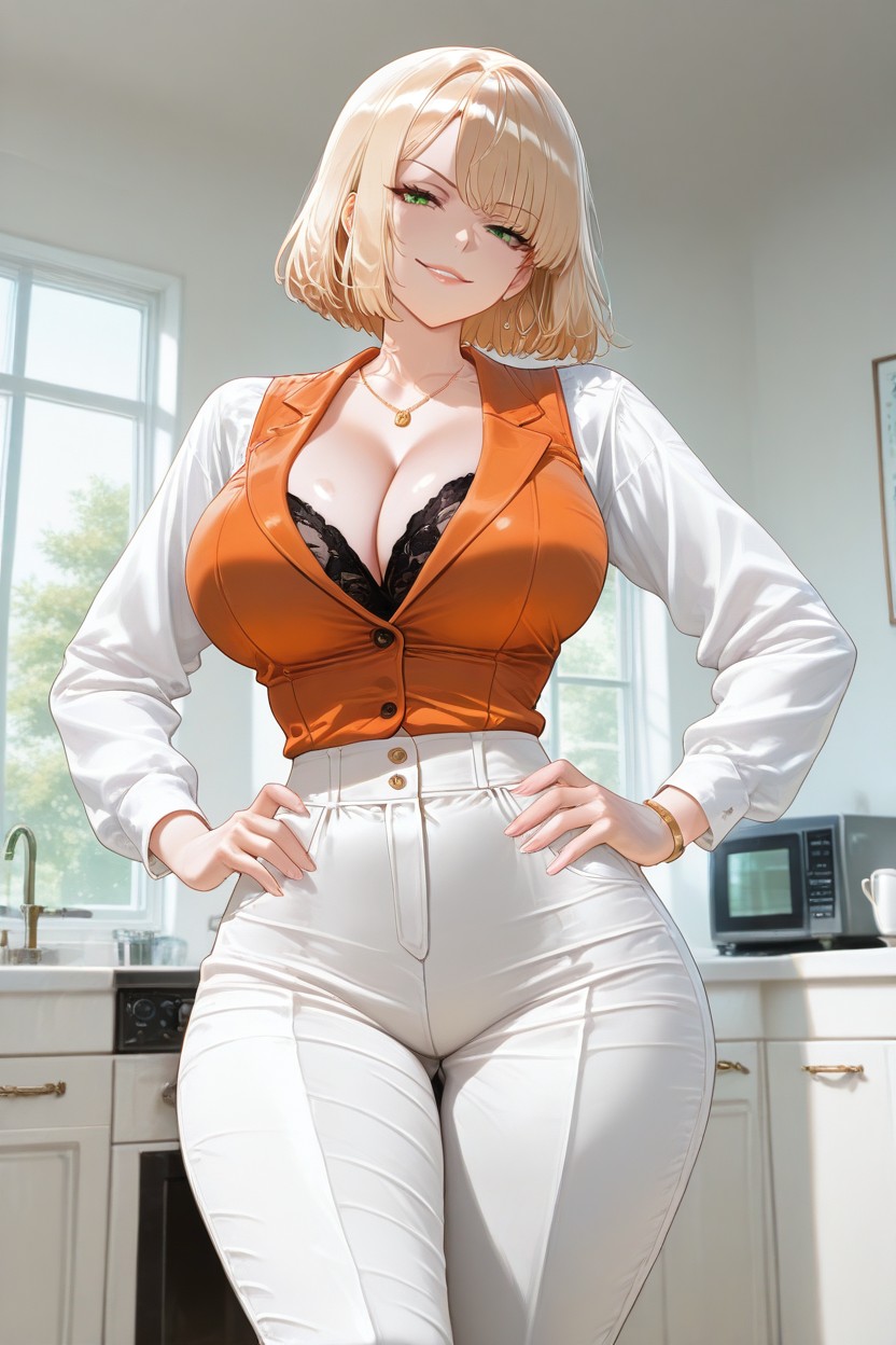 Black Lingerie, White Linen Trousers, Hands On Hips AI Porn