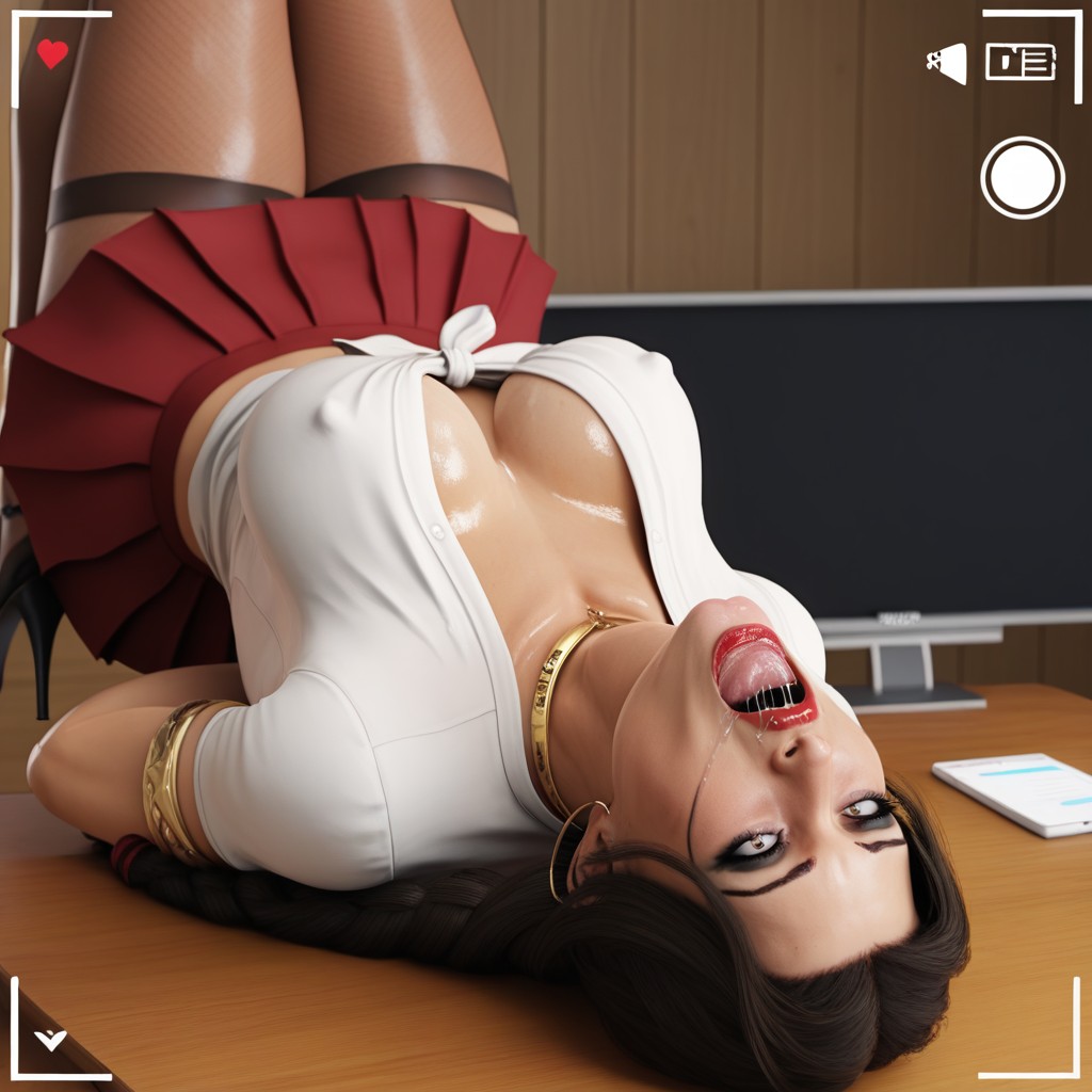 Upside Down Throat Fuck, University Red Skirt, Drool Leaking From Mouth AI Porn