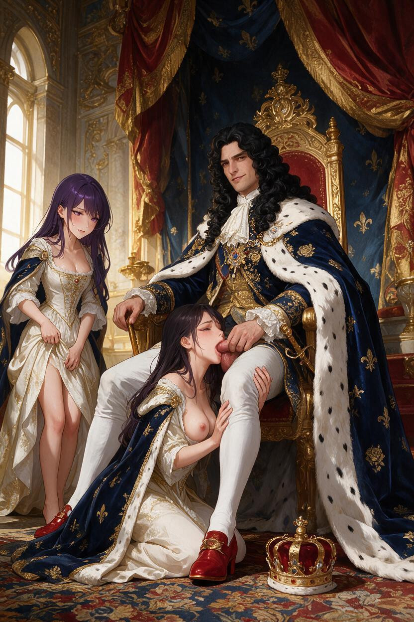 The Background Is An Opulent Royal Interior Made Of Massive Red-and-gold Velvet Draperies, Dark Blue Fleur-de-lis Fabric Cascading Over The Platform, Rich Textures Porno IA