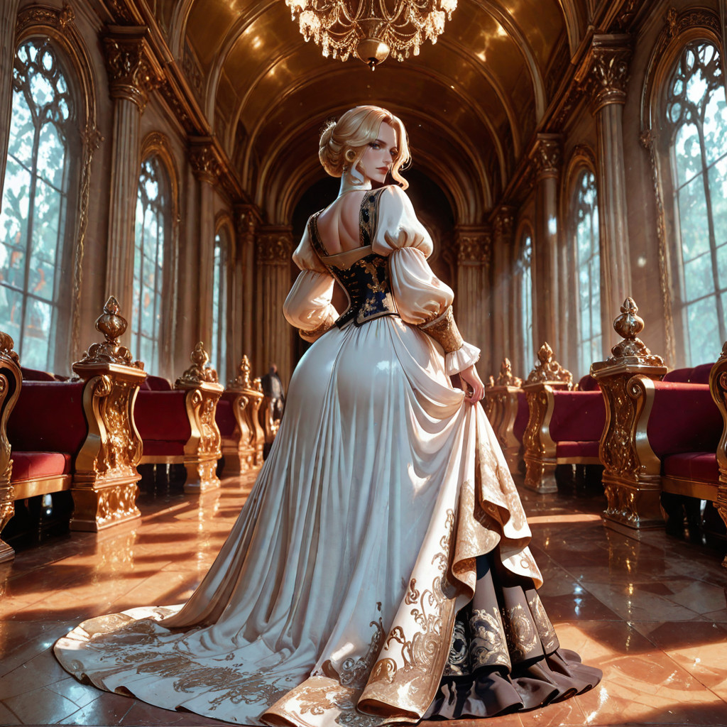 Curled Blonde Hair In A Large Hairbun, Muted Golden Brocade Fabric, Wearing Lavish Historical Deep Cleavage Court Gown AI Porn
