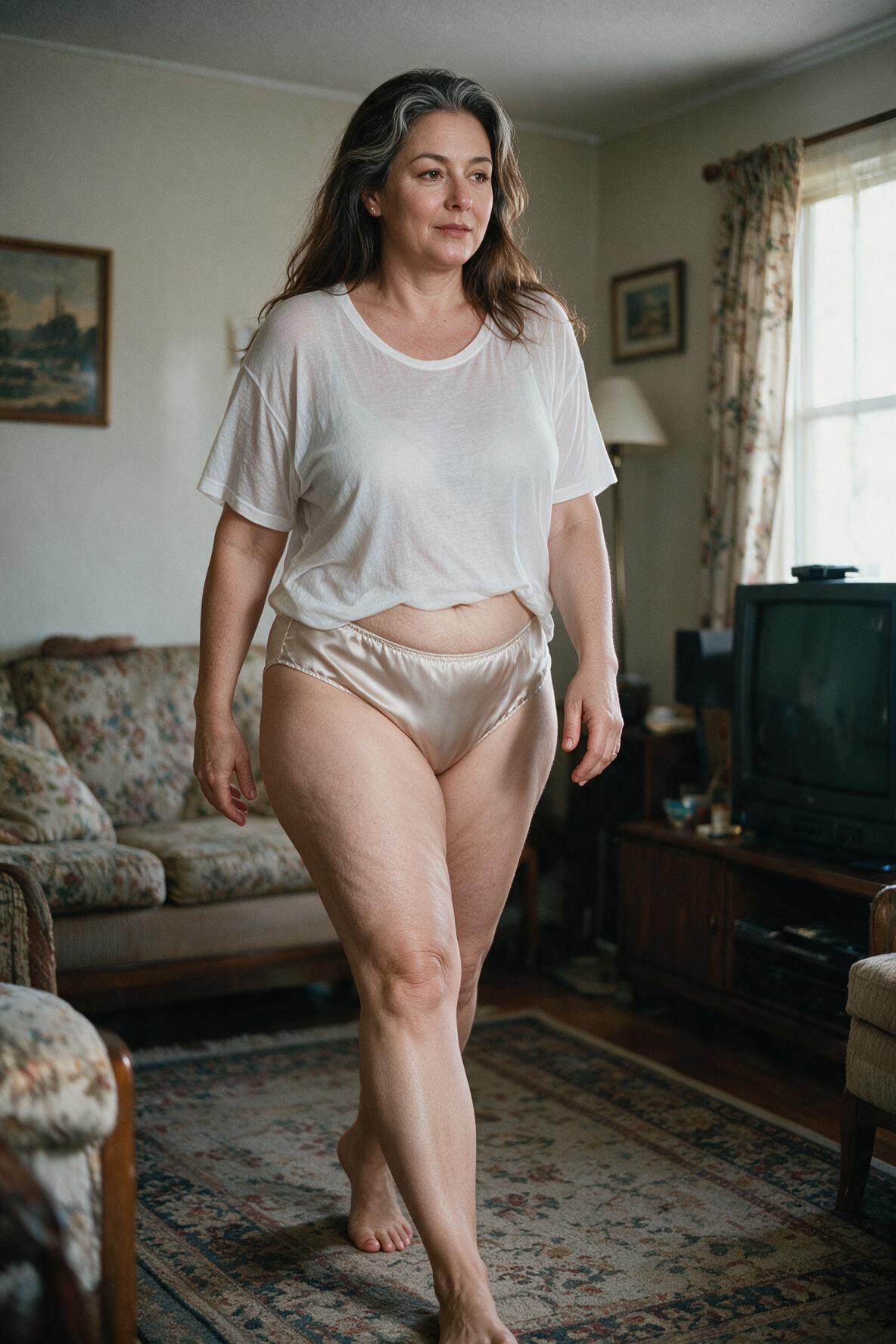 Loose White T-shirt She Is Not Wearing A Bra Her Nipples Are Just Barely Visible Through Her Shirt Her Legs And Feet Are Bare She Has Very Sexy, Fat Face She Has A Strong Nose And Vaguely Italian Features She Has A Neutral, Cellulite AI Porn