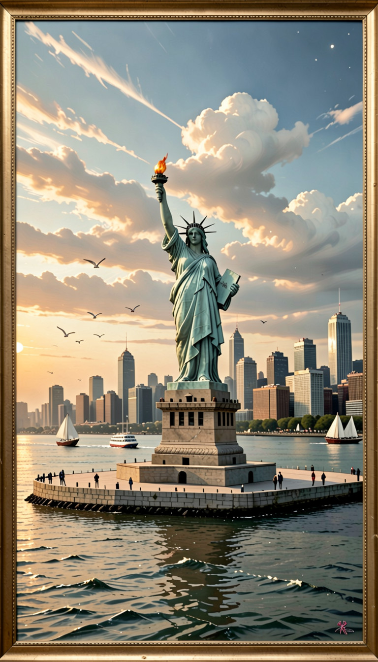 A Gilded Frame Visible At The Very Edge Of The Composition With The Gold Worn Along The Corners, A Sky Filling The Upper Portion Of The Canvas With Long Streaked Clouds Catching A Warm Amber Light Along Their Undersides And A Deeper Blue Above And The Light Of The Setting Sun Raking Across The Whole Scene From The Left With The Highest Clouds Reading Brightest And The Lower Sky Deepening Into Dusk And The First Stars Faintly Visible In The Upper Right Corner, 1 Person AI Porn