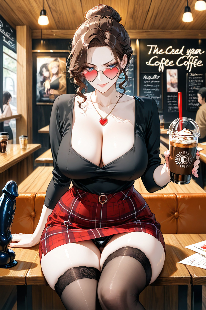Skirt, Cafe, Blue Eyes AI Porn
