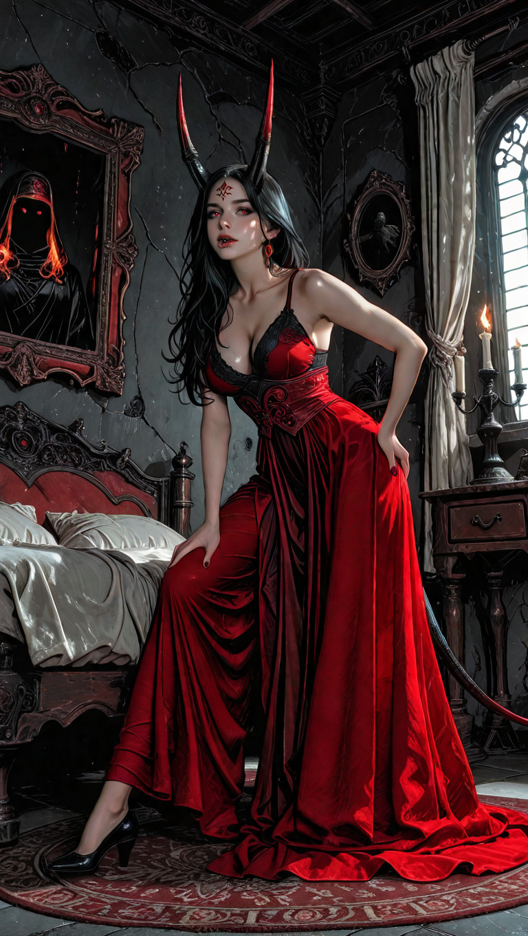 Black Hair Falling In Long Loose Waves Past Her Shoulders With A Few Strands Escaping Across Her Face And A Pair Of Curved Horns Rising From Her Forehead In Dark Red And Black And Swept Back Along The Crown And A Demon Tail Curling Behind Her With The Tip Flicking Upward And A Ridge Of Fine Scales Running Along The Top Of The Tail, Deep Crimson Skin With A Warm Undertone And A Natural Sheen Along The High Points Of The Body And The Light Catching The Fine Down Along Her Cheek, Dust Suspended In The Air In Bright And Smoke Drifting Across The Composition In Soft Grey Bands Porno IA