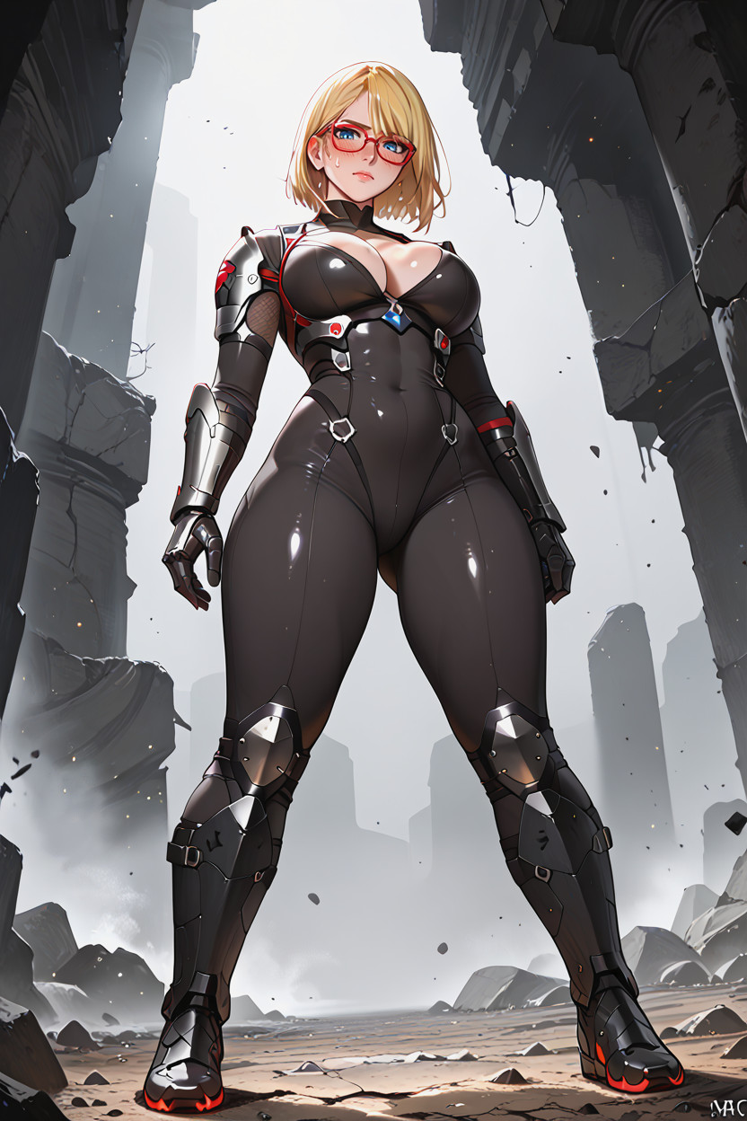 Adjusting Red Glasses, Wearing Iconic High-red And Dark Grey Sci-fi Taimanin Suit, Erupting Jagged Stone Pillars AI Porn