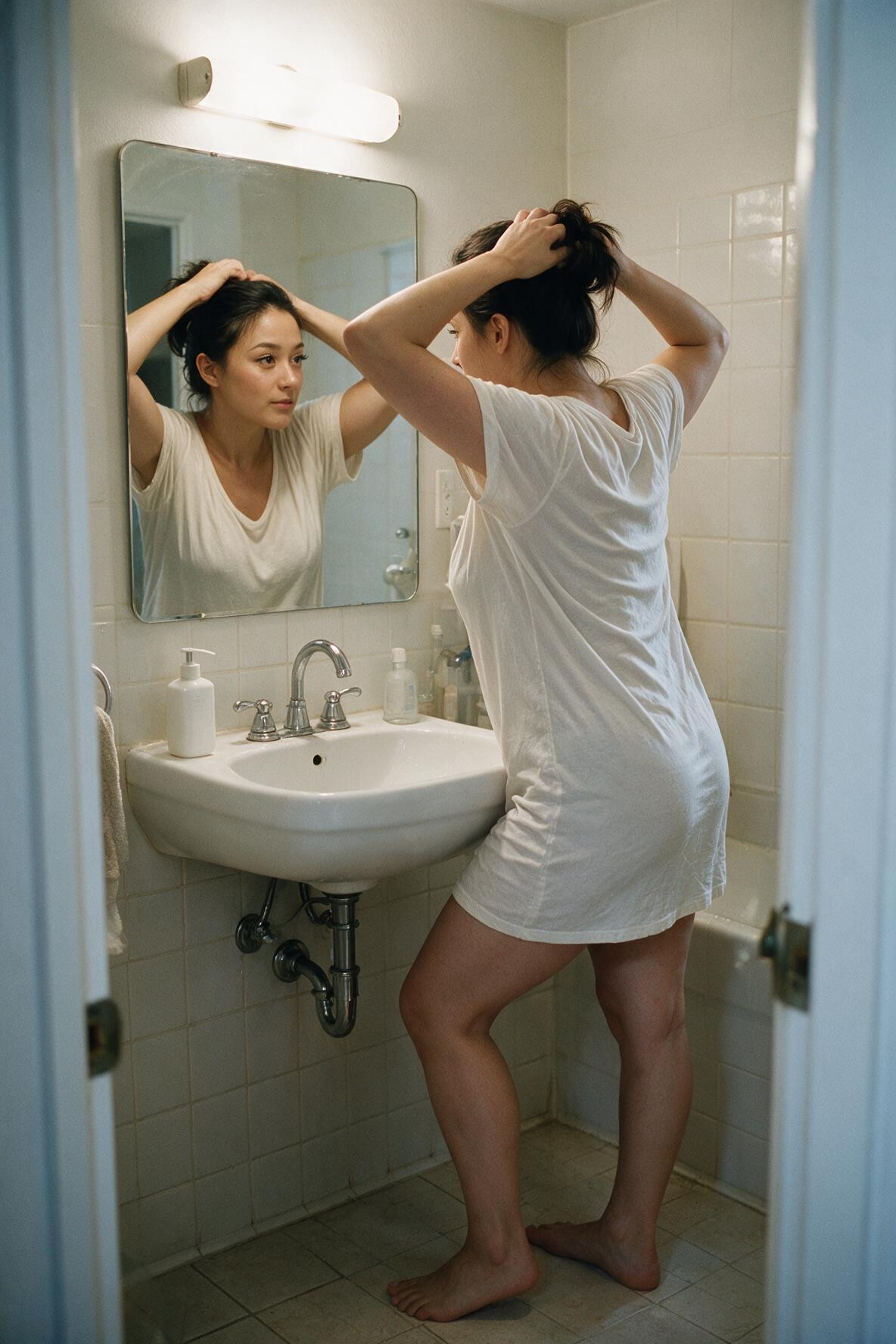 Bending Over, Messy Hair, Postpartum Body She Has A Cinched AI Porn