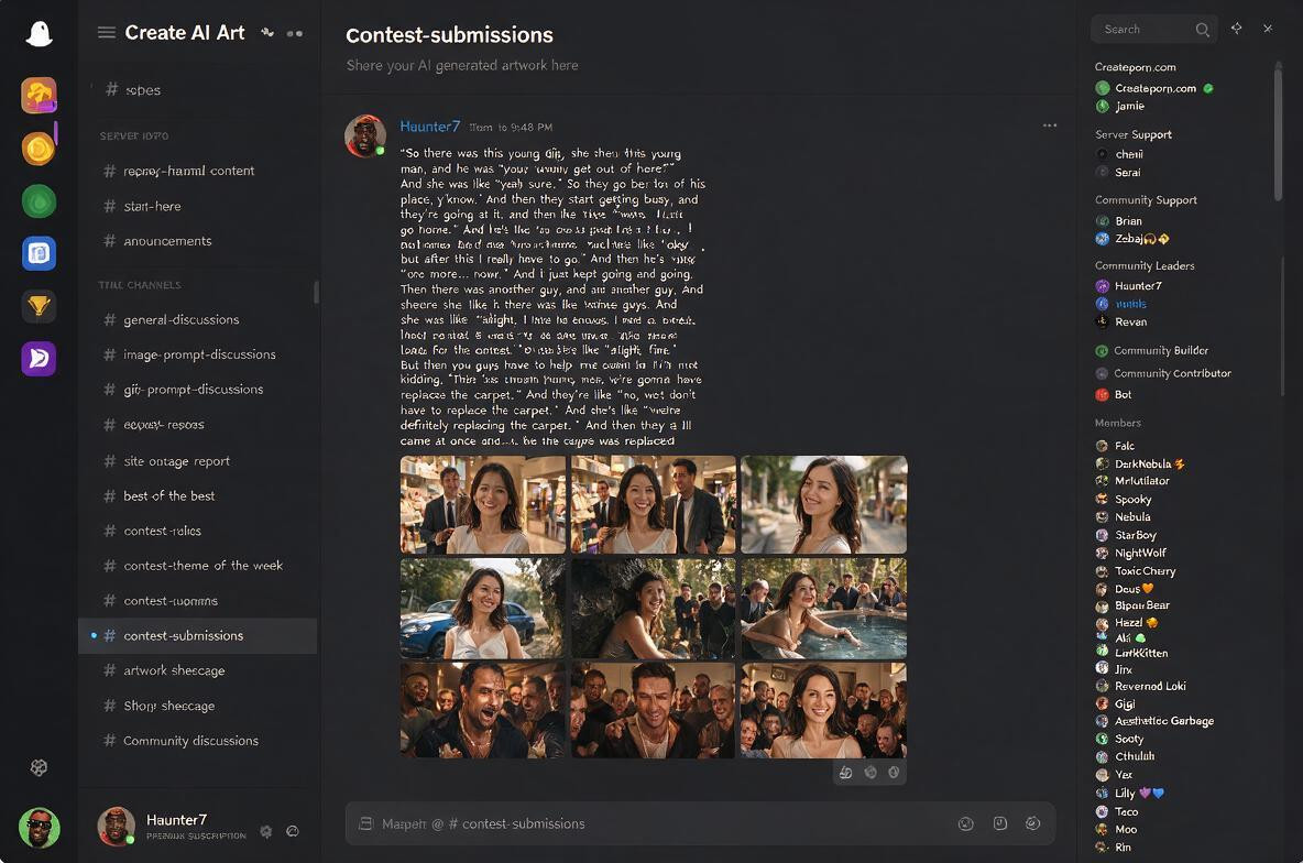 Believable Community-server Density, Story-showcase And Community-discussions The Contest-submissions Channel Is Highlighted As The Currently Selected Channel Central Chat The Central Focus Is A Single Discord Message From User Haunter Containing A -image Album In The Usual Discord Composition, Community Leaders With Haunter AI Porn