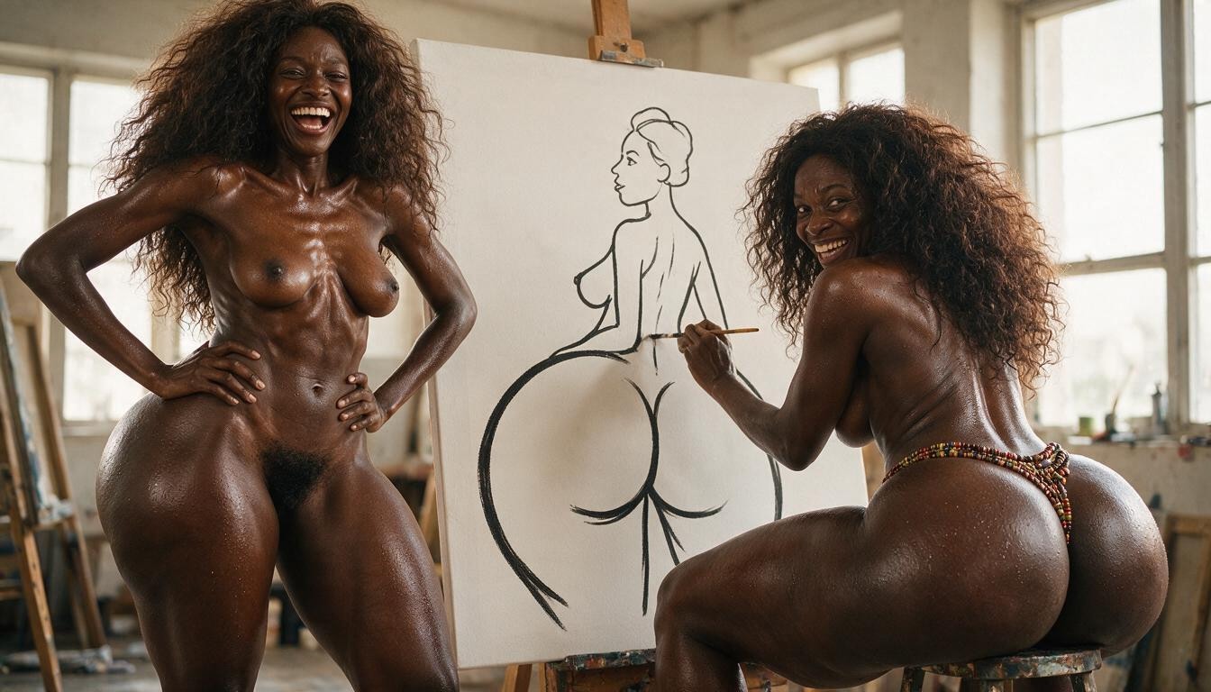 Funny Black Line-art Drawing Of A Simple Shape Of A Woman Seen From The Profile, Seen From A Three-quarter Front View, Colossal Heavy Thunder Thighs AI Porn