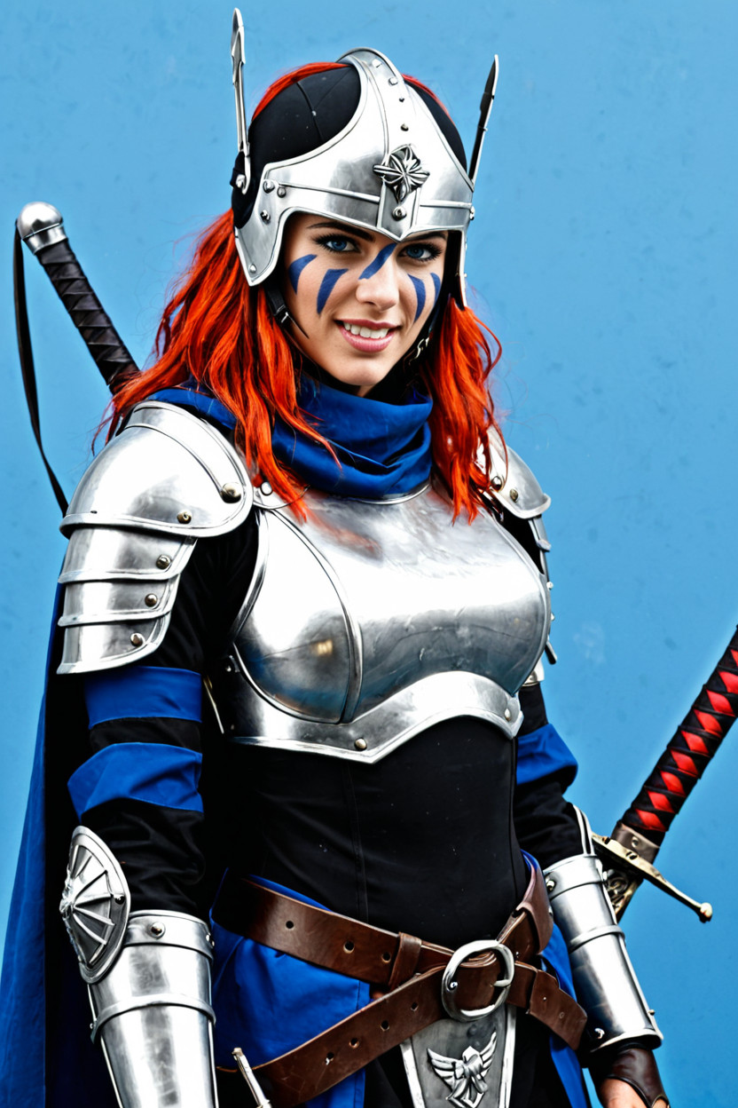 Contoured Around Her Eyes And Hair * Chest & Shoulder Guards A Fitted, Dynamic Blue Background Textured With Stylized Motion Lines And Light Splashes, Double-edged Steel Sword With A Light Brown Crossguard Porno IA