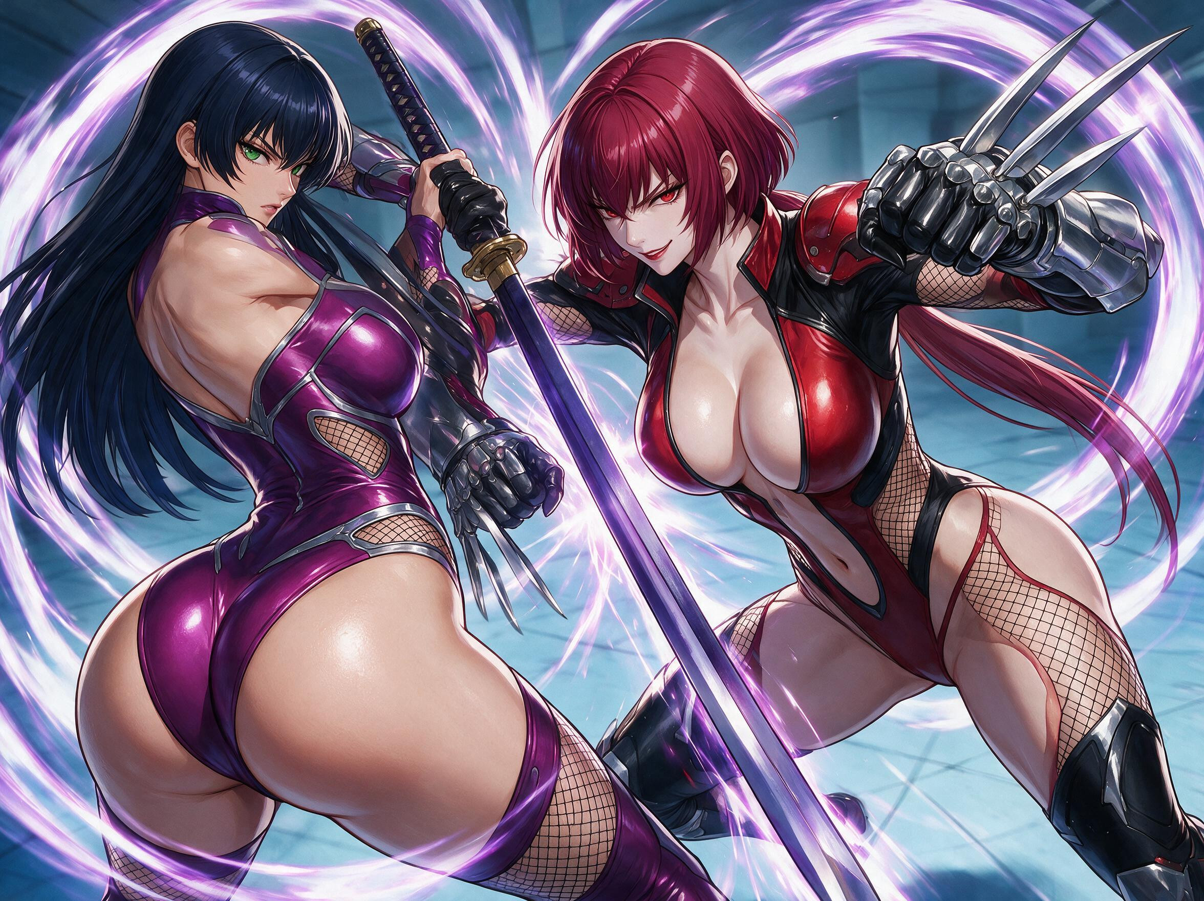 Her Body Overlapping The Woman In Image She Wears A Tight Red With Black Accents Bodysuit With An Open High Collar And Bare Neck, Waist, Creating Massive AI Porn
