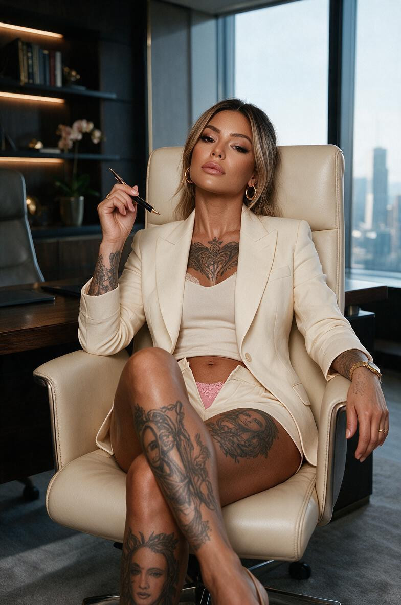 And Completely Self-assured Her Chin Is Slightly Lifted While Her Eyes Look Upward Toward The Standing Viewer With A Cool, And Cooler Blue-grey City Tones Outside Visual Style Premium Cinematic Corporate-fashion Editorial, Refined Fabric Texture Porno IA