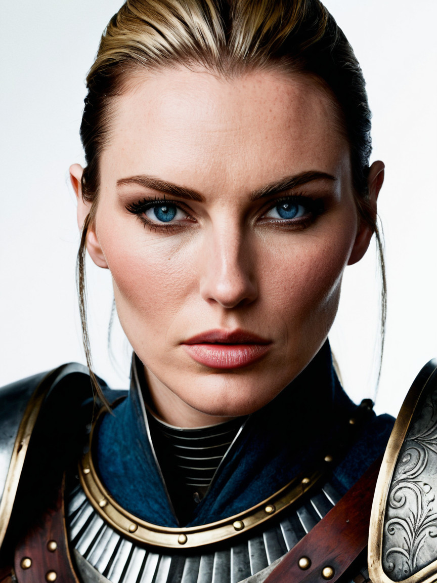 The Left Pauldron Catching A Warmer Brass Highlight Photorealistic, Worn Metal, With A Slight Tension At The Corners Three Pale Lines On Her Left Cheek AI Porn