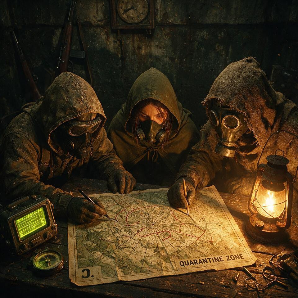 Bold Stenciled Black Ink Lettering On The Map Reads "" On The Bottom Left And "quarantine Zone" Along The Bottom Right Margin, Water Stains, Subterranean Fallout Shelter The Camera Angle Is A High-angle Medium Shot AI Porn