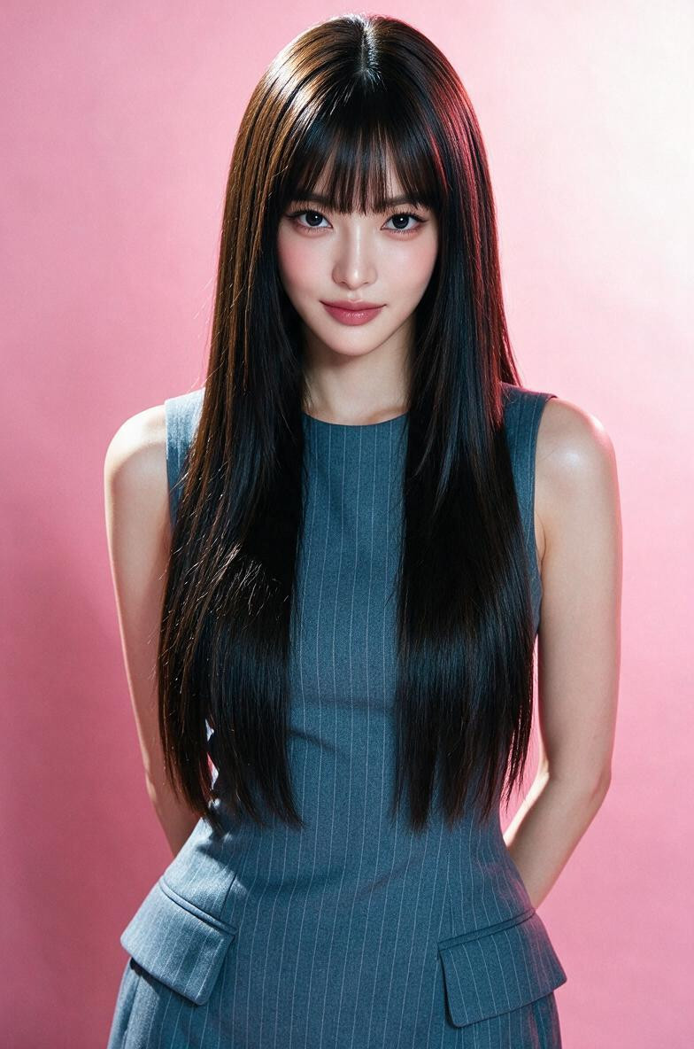Structured Appearance, Controlled Strands With Minimal Flyaways Makeup The Overall Makeup Is Understated But Highly Polished Even Luminous Skin, Straight Bangs/fringe Falling Across The Forehead And Grazing The Eyebrows The Hair Extends Well Below The Chest And Has Remarkably Smooth AI Porn