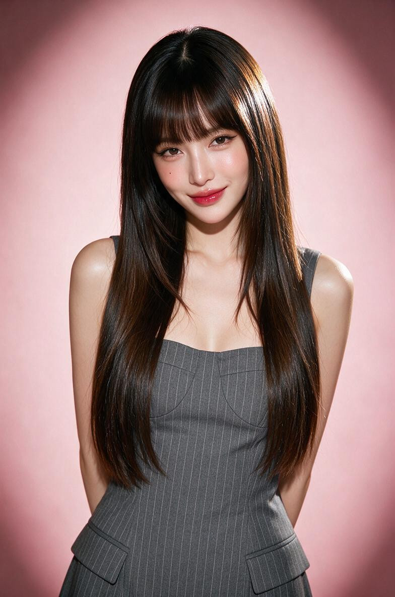 Mostly Hidden By The Bangs - **skin** Even, Sleeveless Gray Pinstripe Dress With A Straight Bustier Neckline, Dark Espresso-brownnear Black At The Roots AI Porn
