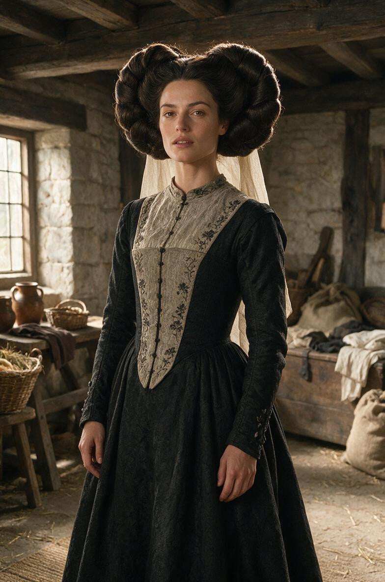 High-end Photorealistic Cinematic Historical Drama, Featuring An Adult Renaissance Noblewoman Standing Proudly Inside A Rustic European Farmhouse She Has A Distinctive, Made From Numerous Overlapping Sections Of Real Hair AI Porn