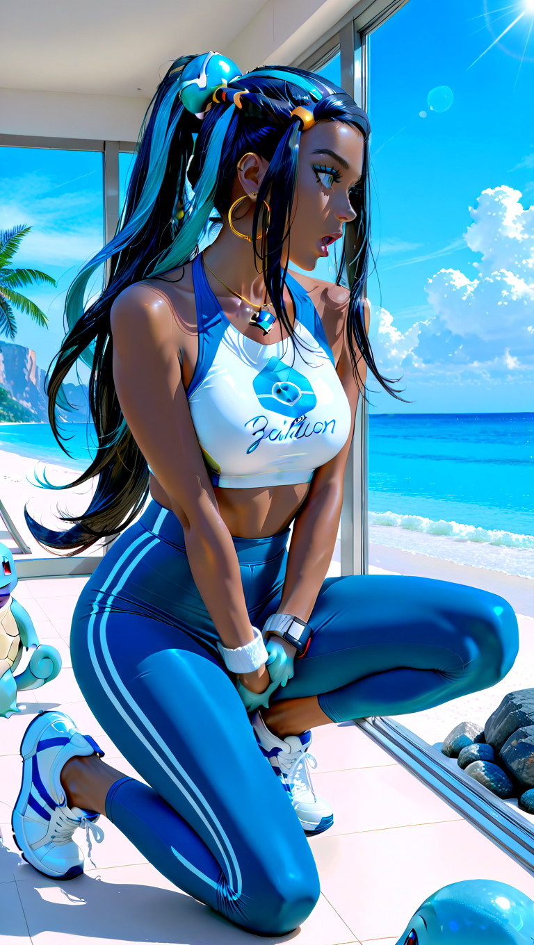 White Cuff Of A Brown Shell Visible At The Wrist, Nessa From Pokémon, Wearing A Fitted Blue And White Water Type Gym Uniform Consisting Of A Sleeveless White Halter Top With Blue Geometric Paneling Across The Chest And A High Neckline Porno IA