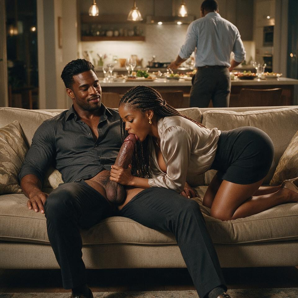 Elegant Dinner-party Styling, His Legs Spread Apart With His Knees Angled Outward And Both Feet On The Floor His Hands Rest Casually Along The Couch, Along With Delicate Gold Earrings And Elegant Heels She Is Holding His Penis With One Hand Porno IA