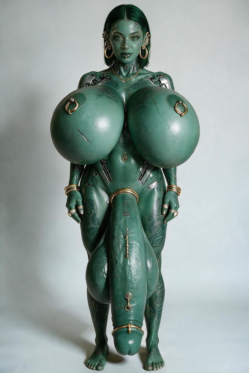 Green Skin Dark Green Hair Dark Green Eyes Cybernetic Implants On Face And Body Gold Hoop Earrings Gold Necklace Gold And Diamond Rings Gold Bracelets Gold Nipple Rings Gold Cock Ring Gold Cock Piercing Pierced Eyebrow Many Ear Piercings Pierced Nose Pierced Lips Pierced Belly Button Tattoos All Over Skin AI 야짤