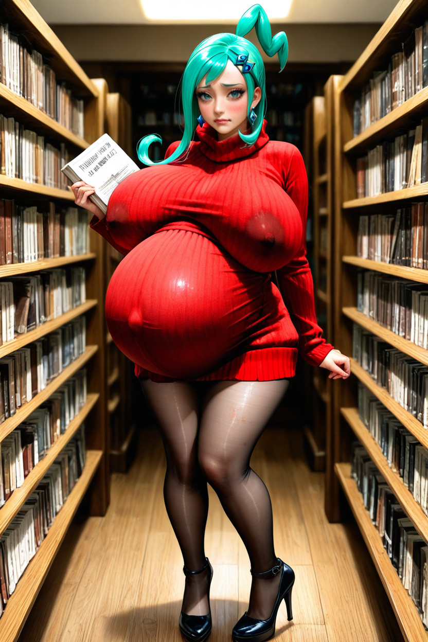 Green Hair, Bibliothèque, Model Standing Porno IA