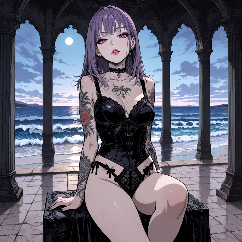 Purple Eyes Natural Makeup, Fingers In Her Hair At The Top Of Her Head, Pale Skin AI Porn