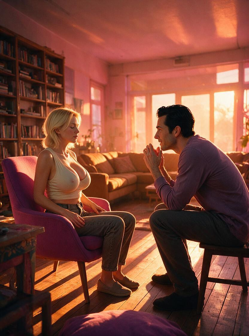 And A Soft Purple Floor Cushion Is Partially Visible At The Bottom Of The Frame Lighting And Atmosphere Intense Golden Sunlight Enters Through The Rear Windows, Full-frame Camera, Detailed Fabric And Wood Grain AI成人