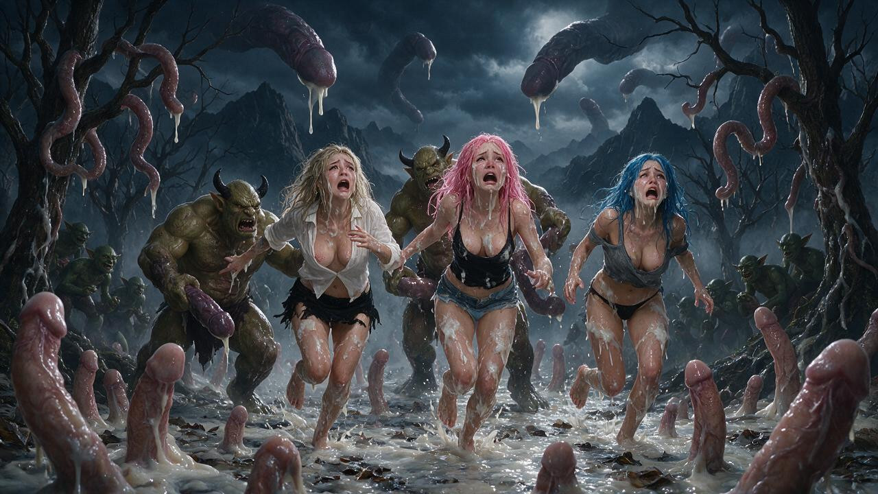 Naked, Panic, Sky With Several Unrealistically Large Gigantic Cocks Covering The Sky Dripping Slimy Cum AI Porn
