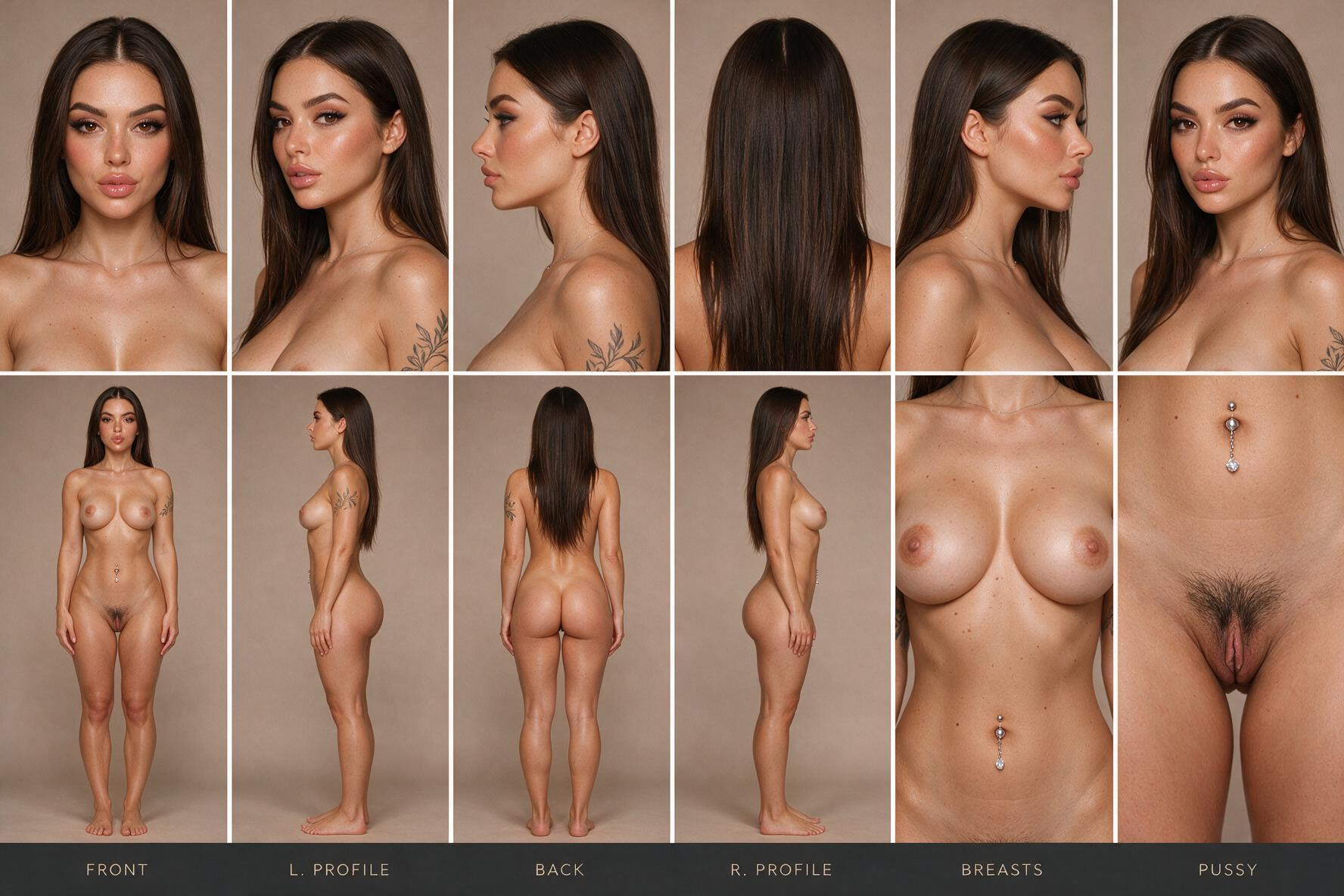With Thick Black Eyelashes, Skin Tone And Facial Proportions In Every View Bottom Row – Full Body + Detail Close-ups Six Views Of The Exact Same Naked Woman Full Body Front Full Body Left Profile Full Body Back Full Body Right Profile Close-up Of Her Breasts Close-up Of Her Pussy Detailed Frontal View With Pubic Hair Trimmed In A Brazilian Style And Beautiful Natural Labia Consistent Proportions And Identical Hairstyle Natural Symmetrical Posture For The Full-body Views Full Body Visible From Head To Toes In The First Four Panels, And Substantial Porno IA
