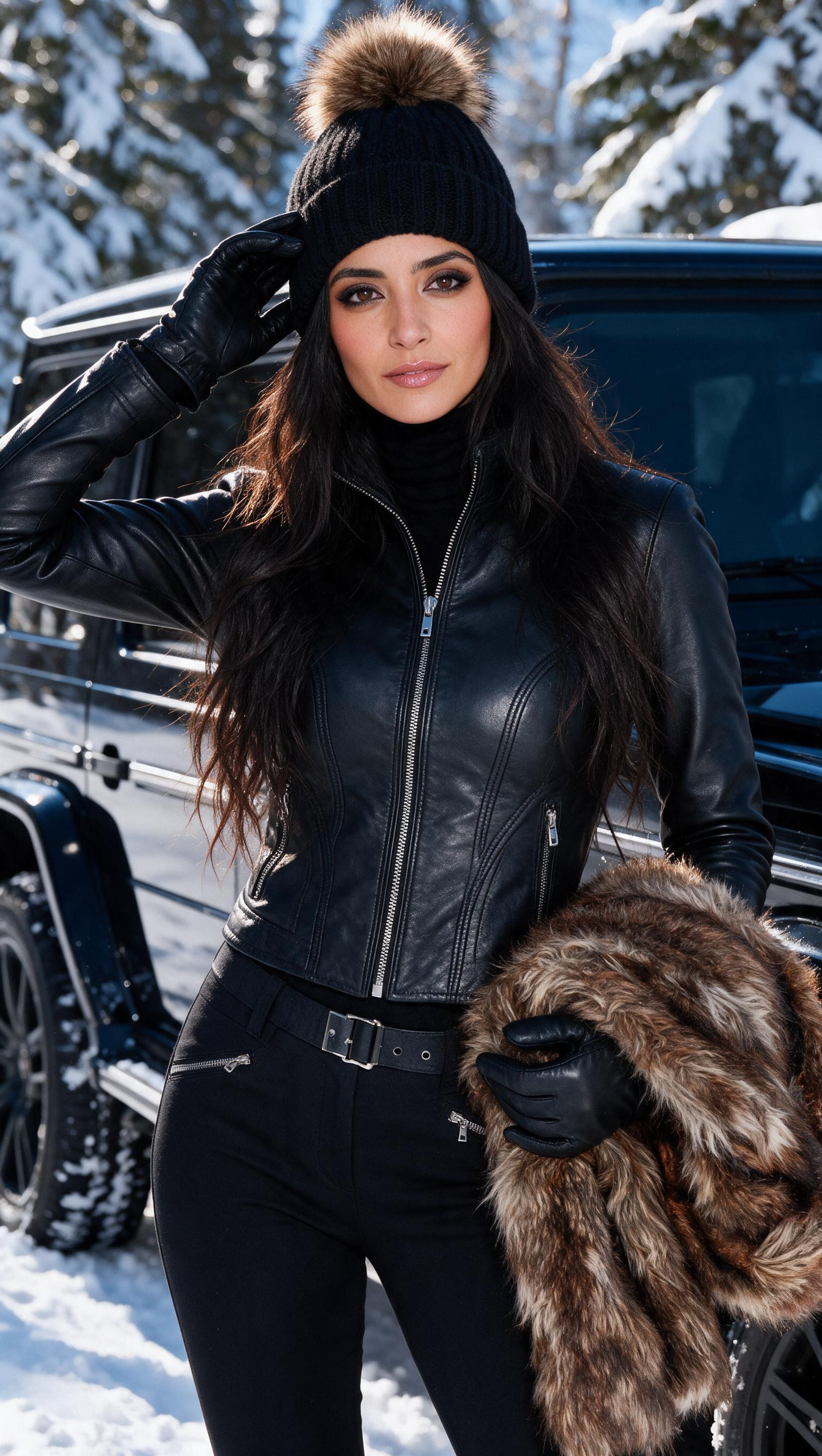 Leather Clothing And The Coat She Carries, She Holds A Voluminous Brown Coat With Dense, Fur-like Fibres Combining Chestnut AIエロ