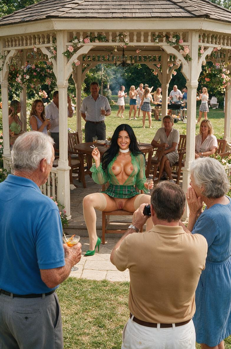 Mediodía, Her Legs Are Spread, Including Miniskirts And Having Fun; In The Background Several Men And Women Are Standing Or Sitting On Chairs In The Gazebo Porno IA
