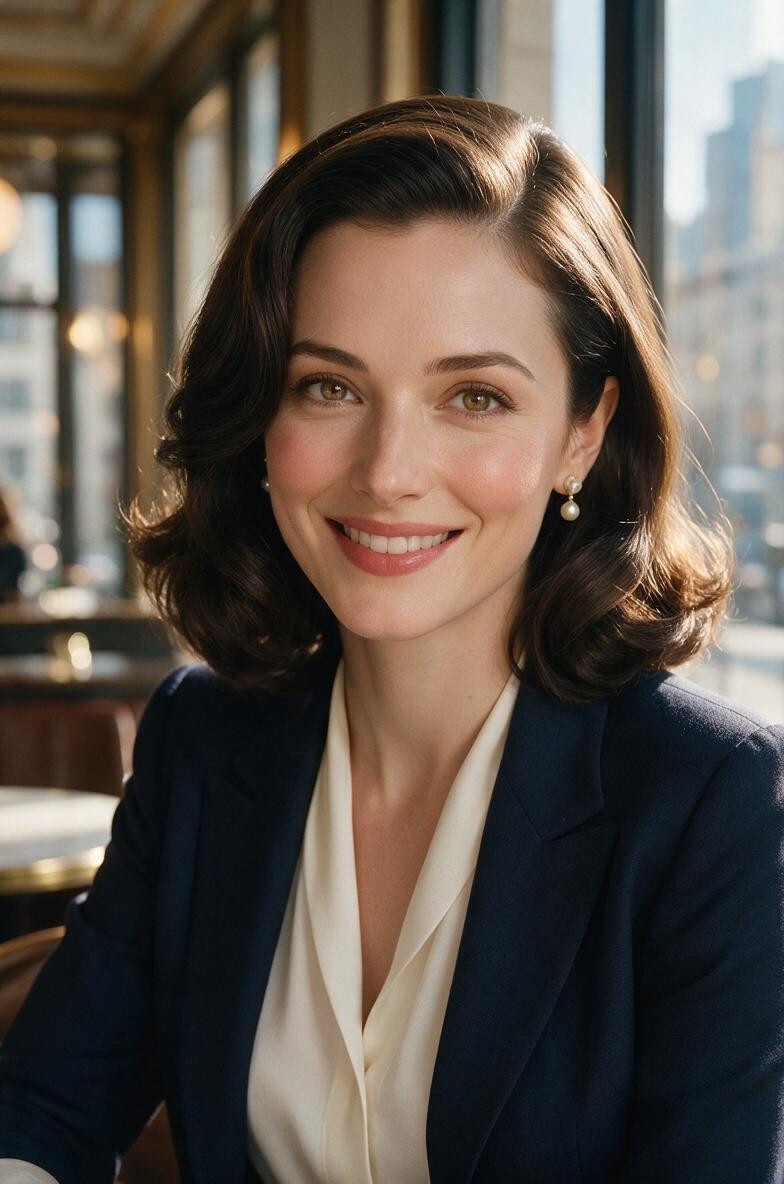A Refined Straight Nose, Beautifully Balanced Natural Lighting, Effortless Modern Style While Honoring The Graceful Femininity Of Hollywood's Golden Era The Setting Is An Upscale Contemporary Manhattan Café With Large Windows AI 야짤