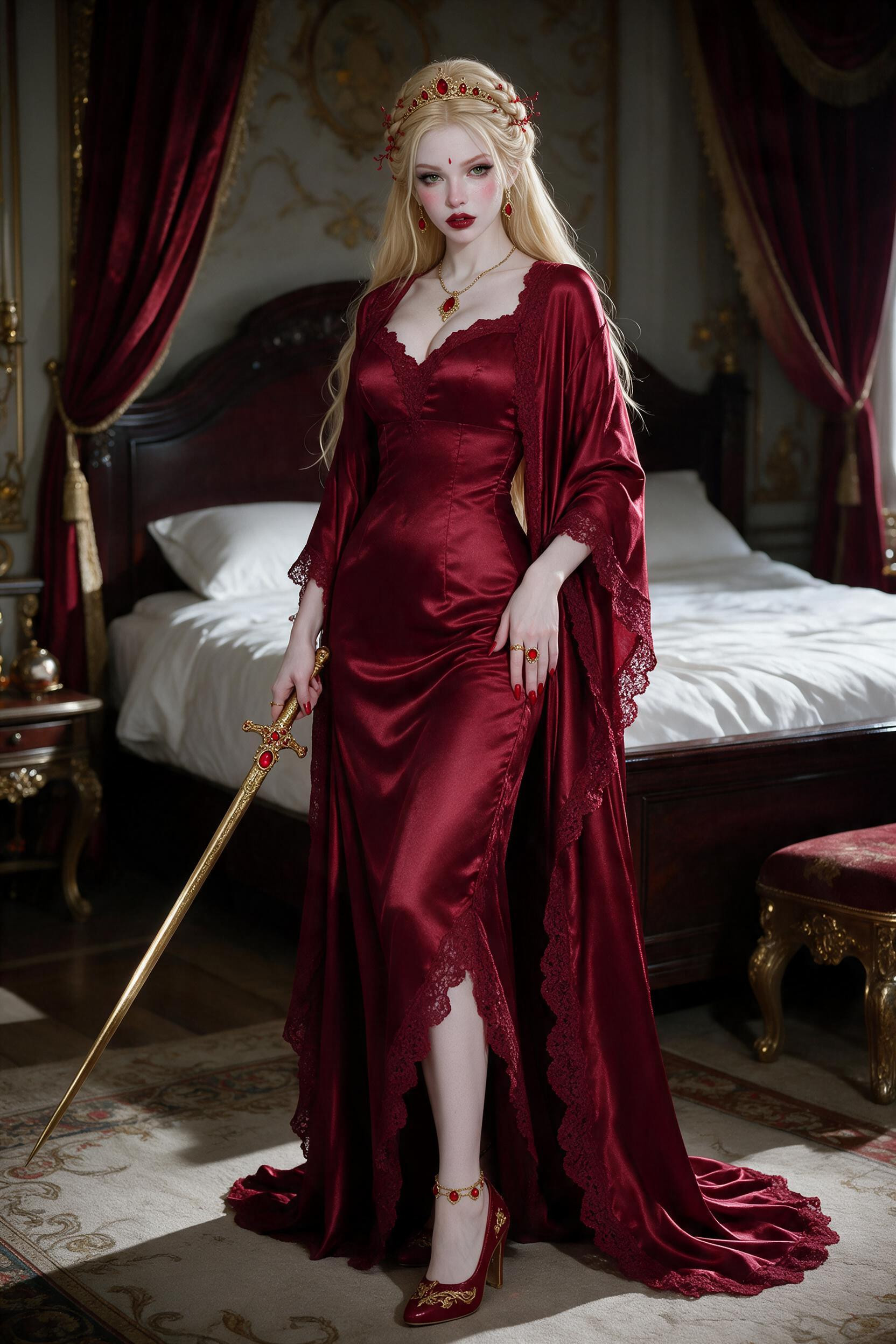 Wearing Crimson Heels With Golden Design, Wearing A Silk Crimson Gown With Golden Decorations, Holding A Golden Rapier With Rubies Porno IA
