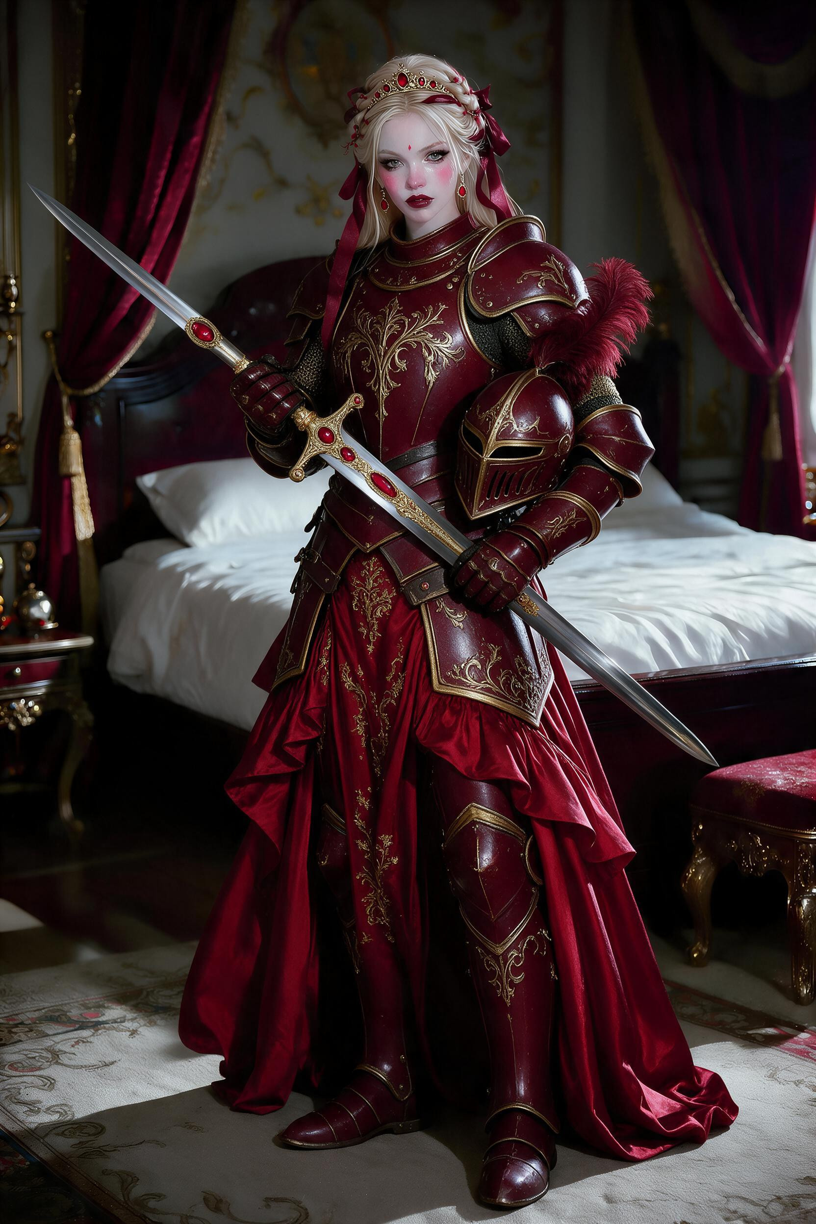 Make The Sword Slightly Longer, Add Plume To The Helmet, Add A Crimson Silk Skirt AI 야짤