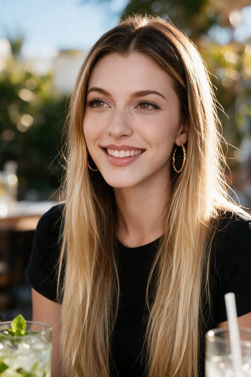 Bien Dessinés, Tombant Sous La Poitrine De Chaque Côté Du Visage Raie Au Milieu Racines Châtain Foncéeffet Racines Fonduesqui Évoluent Progressivement Vers Un Blond Doré/miel Puis Des Pointes Blond Clair Sable Quelques Mèches Fines Et Mouvantes Près Du Visage, Feuilles De Menthe Fraîchemojitoen Bas À Gauche AI 야짤