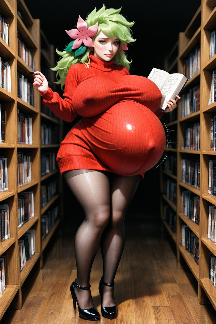 Shaymin Hair, Holding Book, Huge Fake Bimbo Tits AIエロ