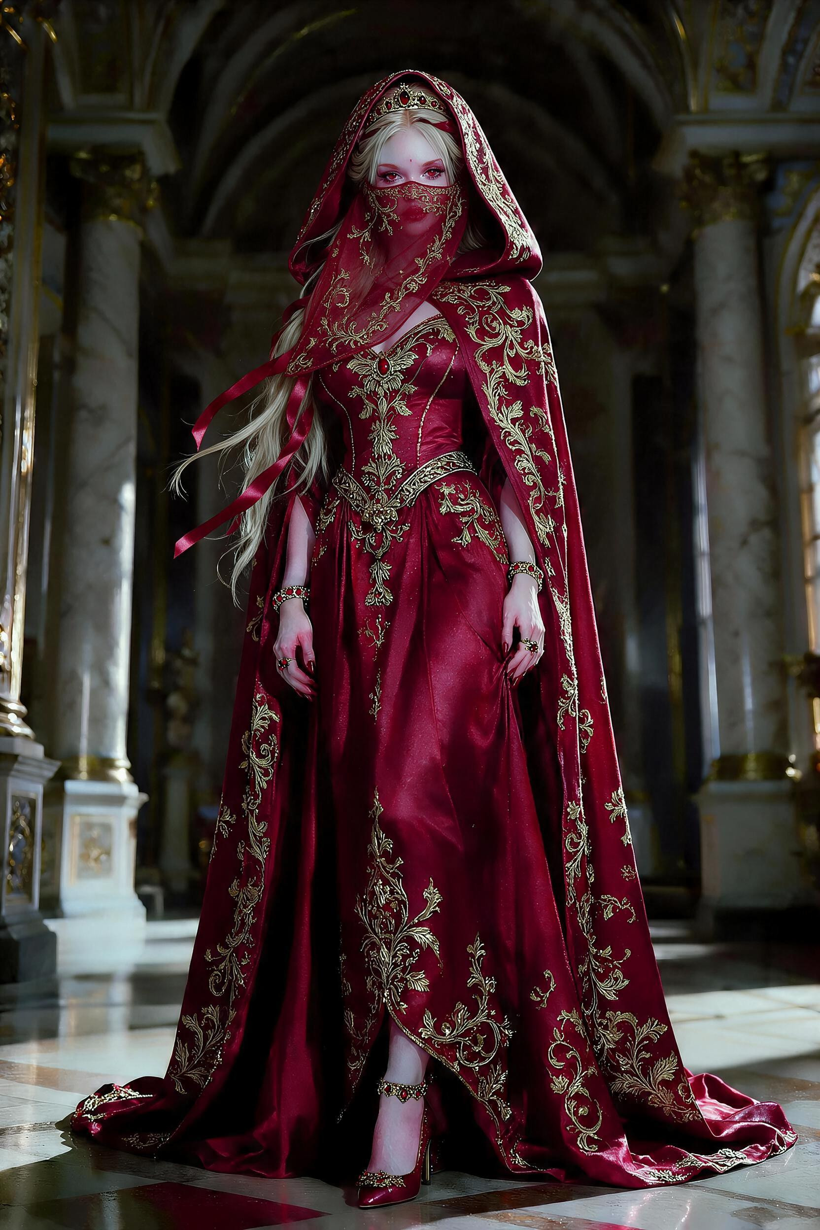 The Botoom Of The Veil Reaches Base Of Neck, Add Gold Threaded Burgundy Veil Covering Half Of Face And Not Blocking The Eyes Porno IA