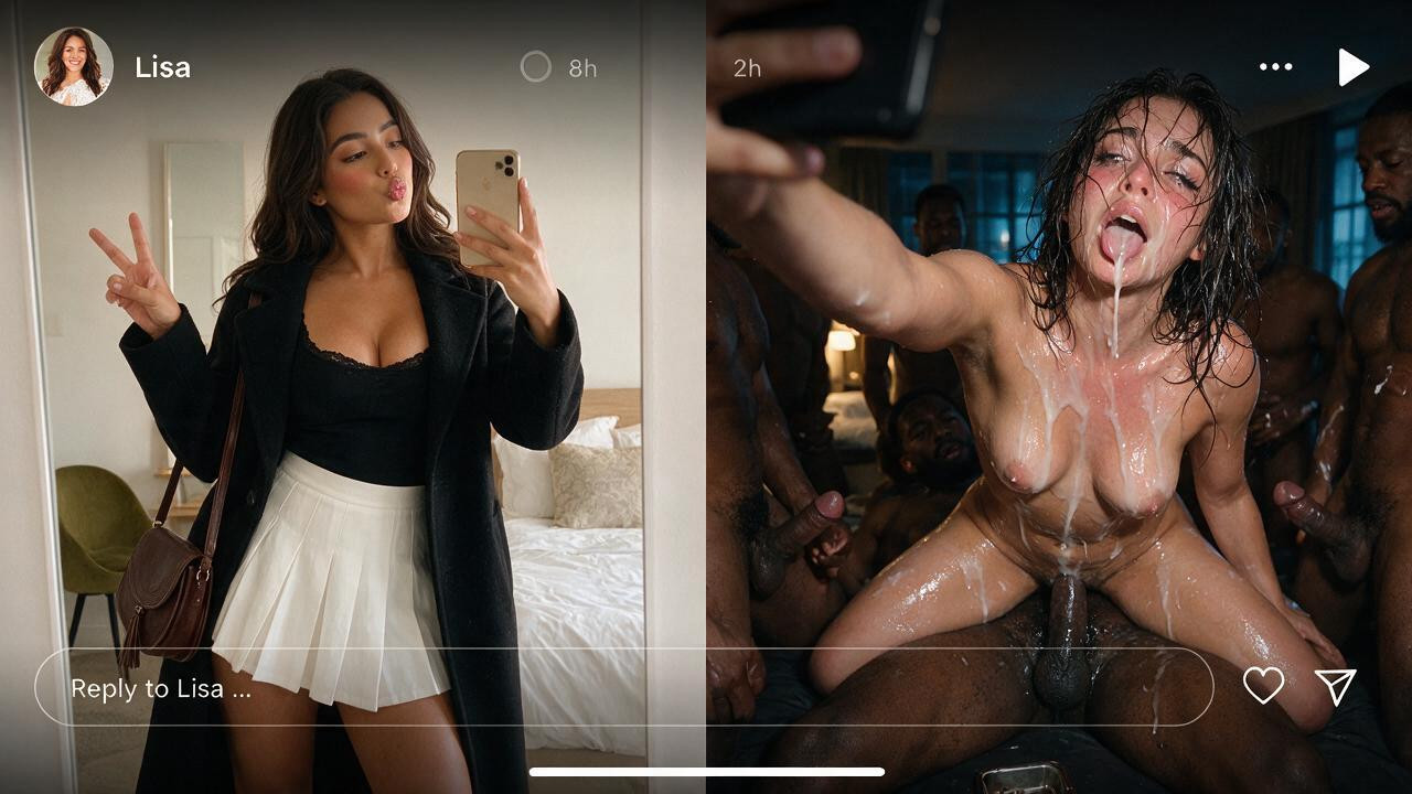 With A Shy Pouting And Eyes Wide, Dark Hotel Room By Night - **view Shot** The Right Frame Camera View Is Seen From The High-angle Selfie Taken By The Woman Phone - The Right Frame Is The Same Woman In The Middle Of An Active Gangbang And Bukkake, Several Naked Standing Black Men Are Surrounding Her While Cumming She Has Excessive AIエロ