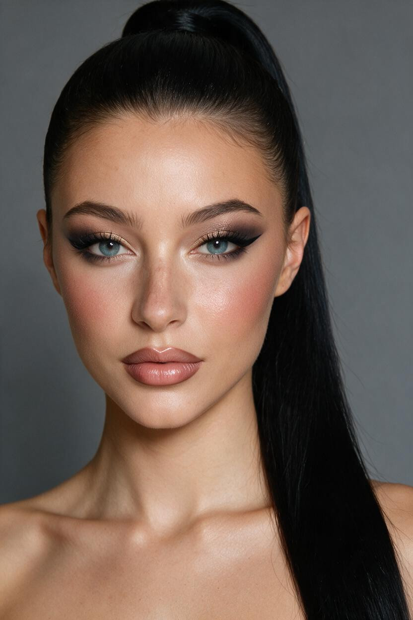 Refined Straight Nose With Delicately Rounded Tip, Dramatically Enlarged Exceptionally Full Plump Rounded Glossy Nude-rose Lips, Direct Eye Contact Porno IA