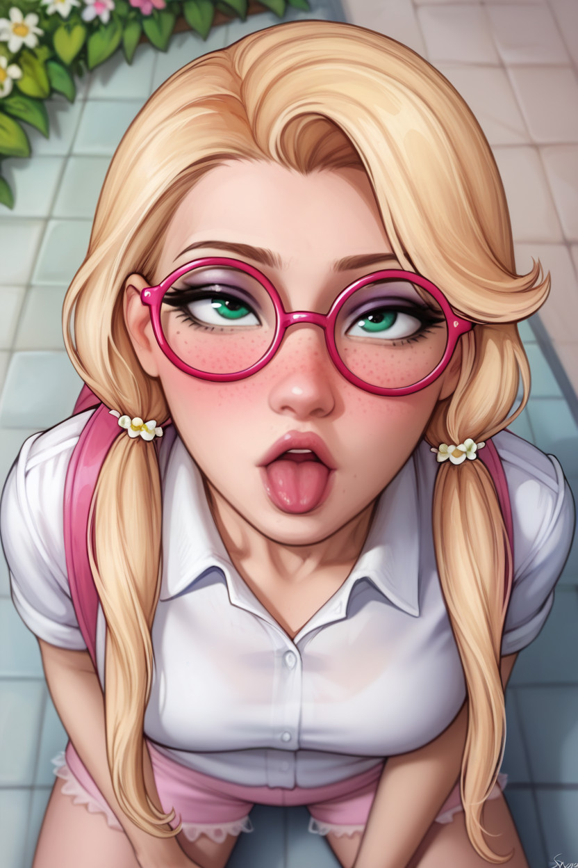Kneeling, Pastel Pink Lipgloss, White Man In Image Standing Before Her AI成人