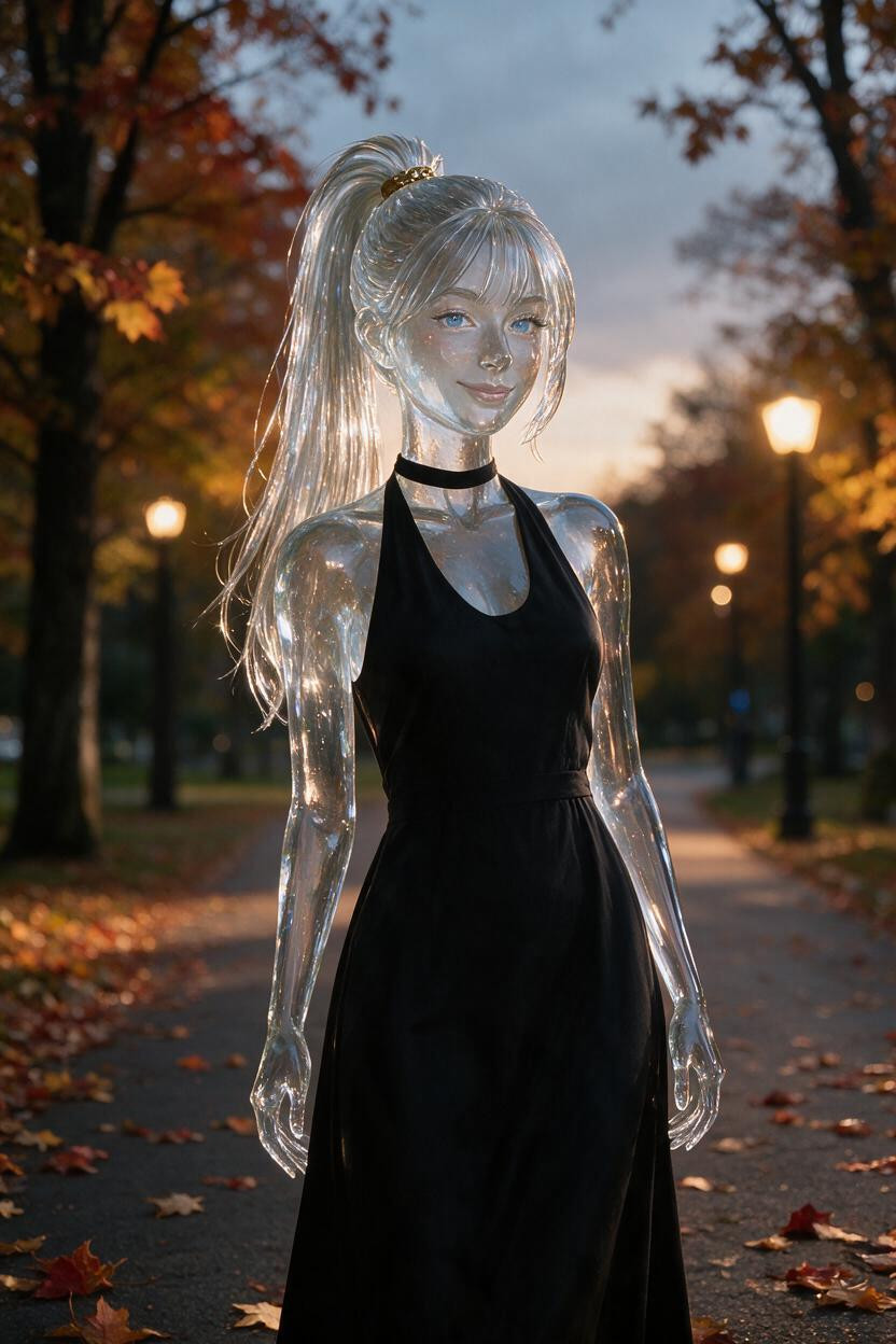 Warm Glowing Streetlights In The Background, Soft Realistic Anime Style, Full Cheeks Of Pure Clear Refractive Crystal AI 야짤