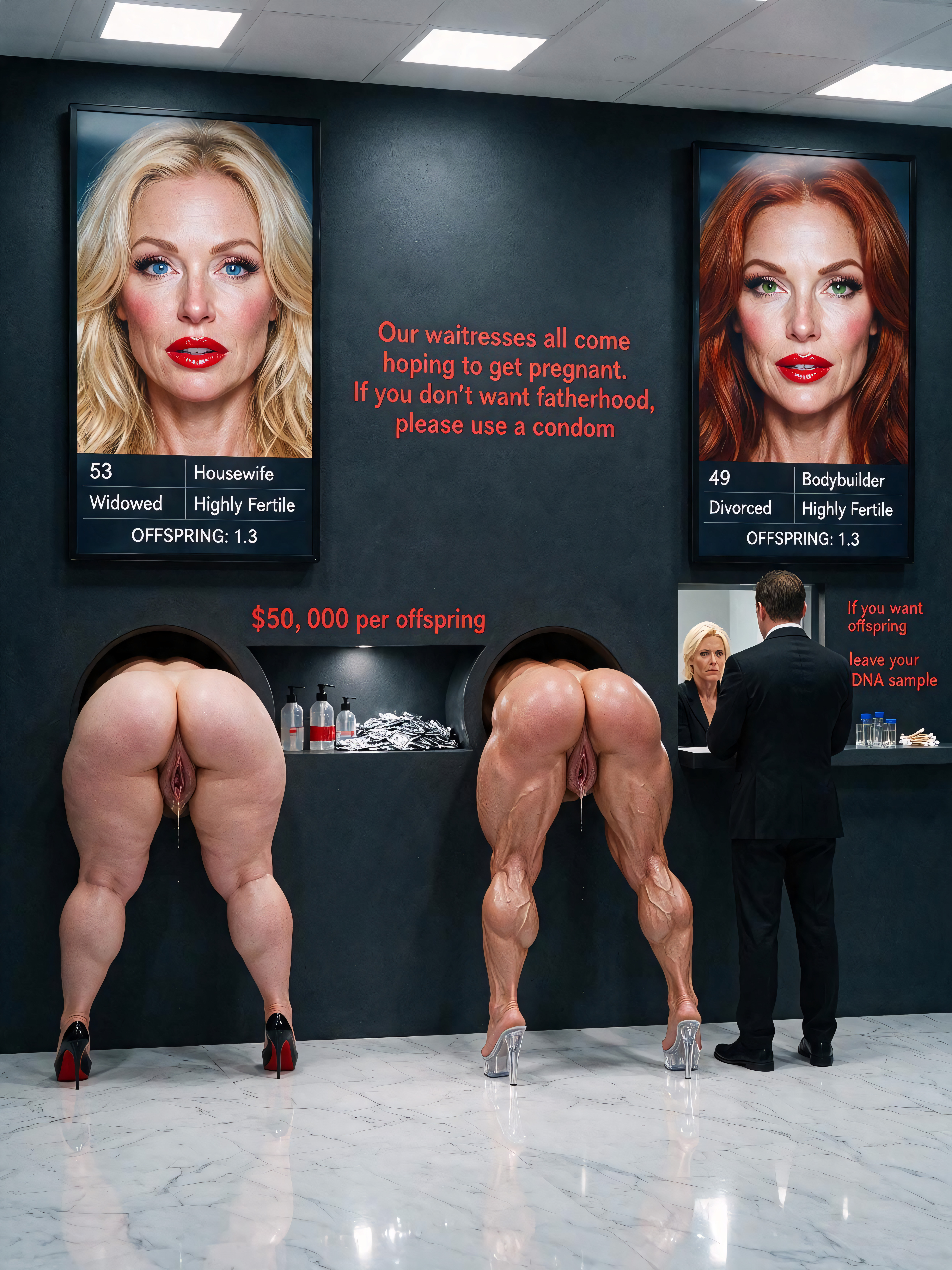 Hyper-extra-heavy Muscle Mass, Honey Blonde Long Wavy Hair, Her Cellulite Hyper Gigantic Ass Hanging Out Of The Wall AI Porn