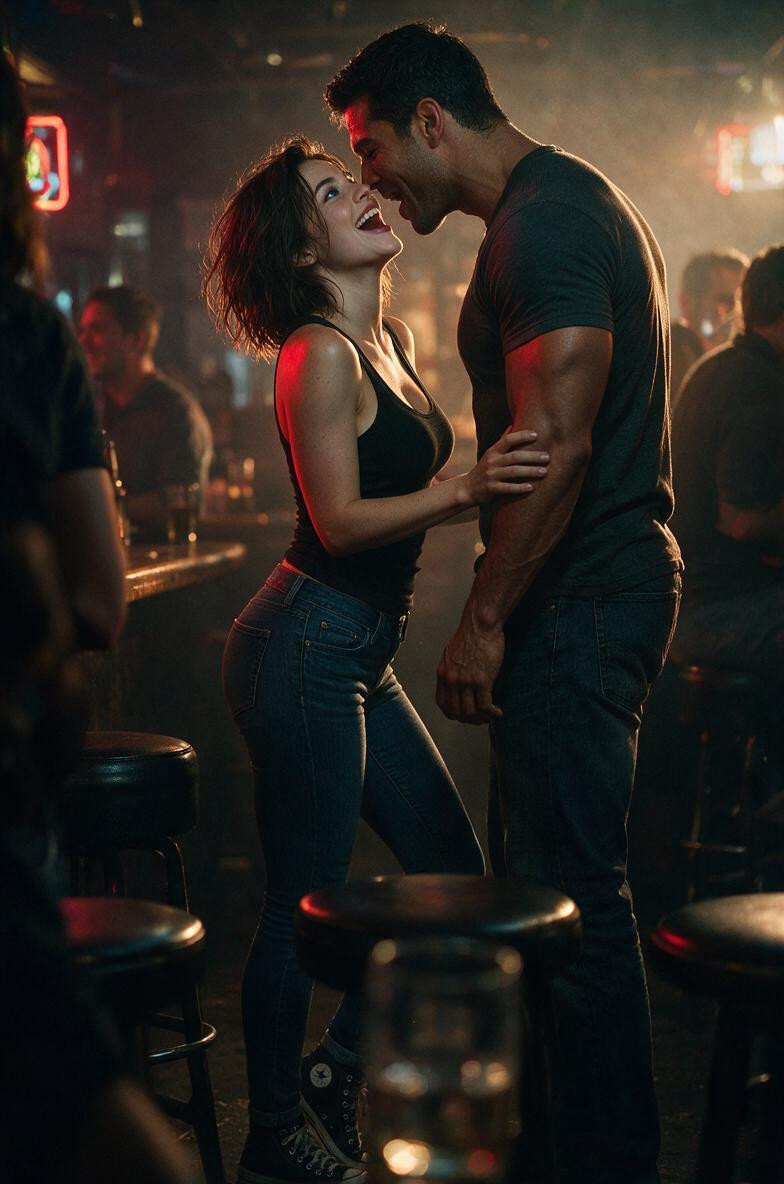 Dark Moody Bar Atmosphere, Small Breasts, Tight-fitting Jeans Wide Hips AI Porn
