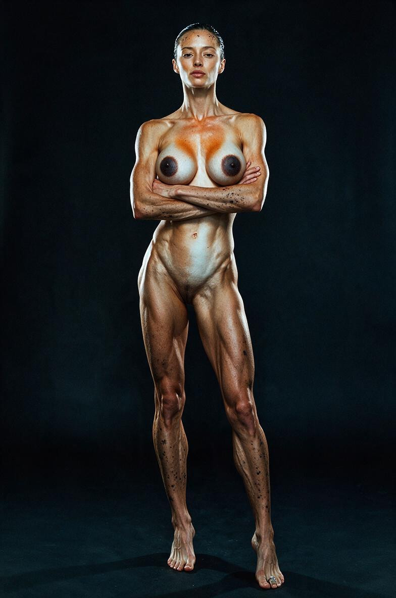Black Spots Around Her Forehead, Lightingharsh Directional Side Light From Left Creating Strong Shadows Sculpting Every Muscle Groove And Facial Bone Structure, Looking Directly At Camera With Authority AIエロ