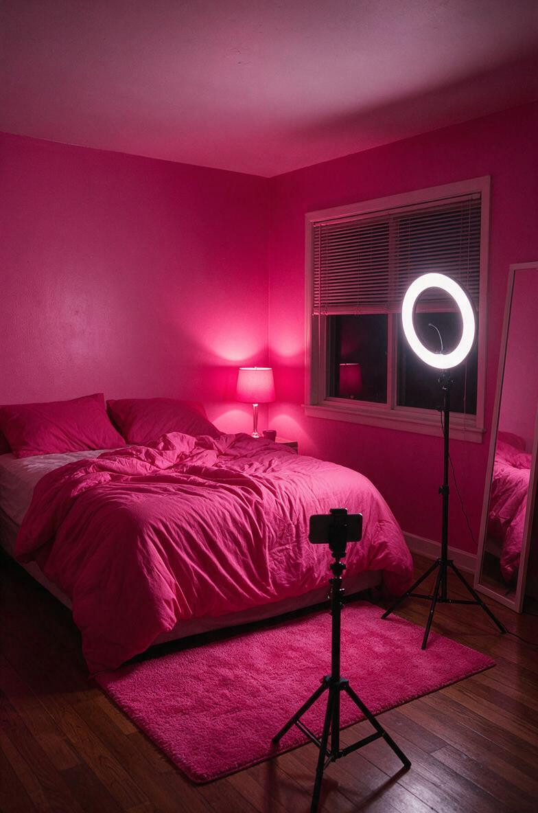 No Faces, Hot Pink Photorealistic Empty Night Bedroom, Vertical Porno IA